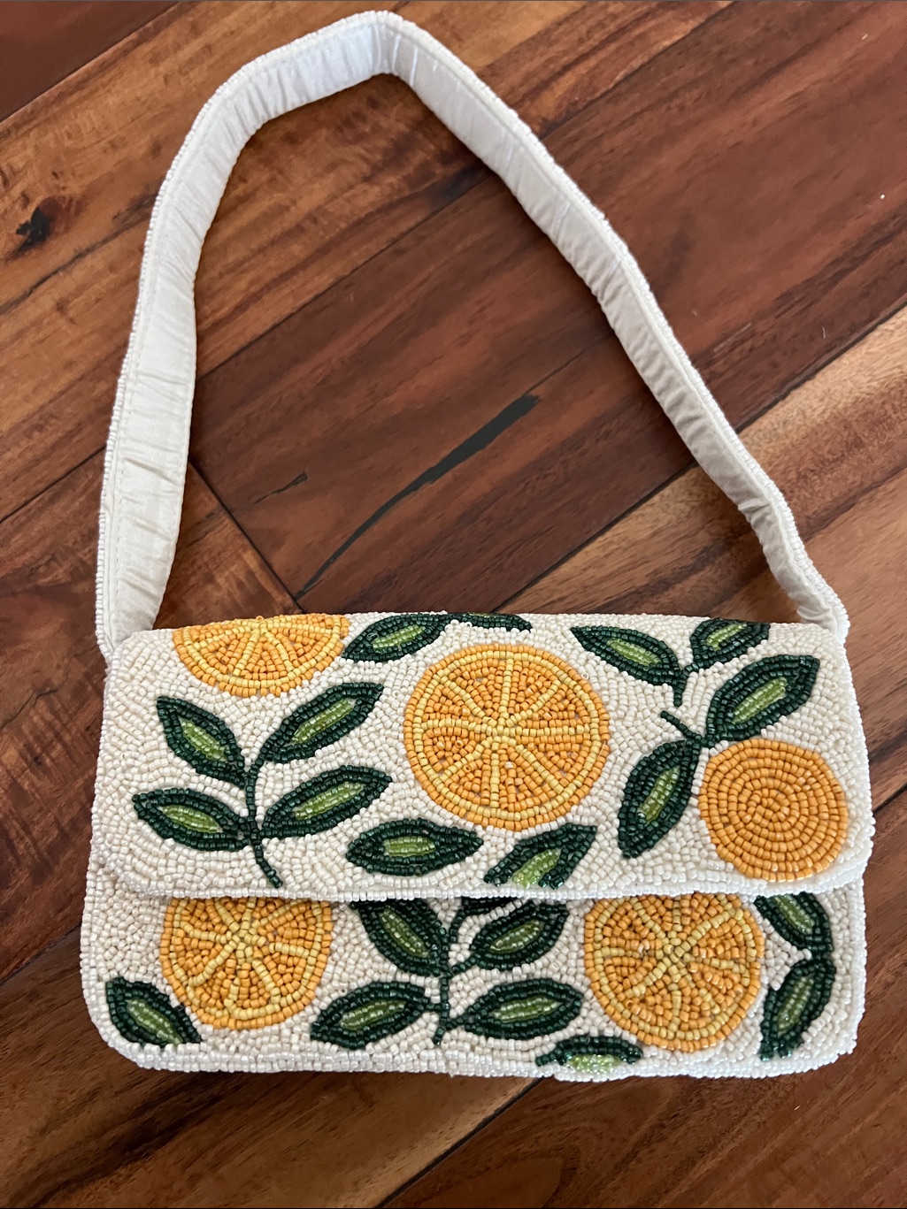 Hand-Beaded White Shoulder Bag With Yellow Orange Motif